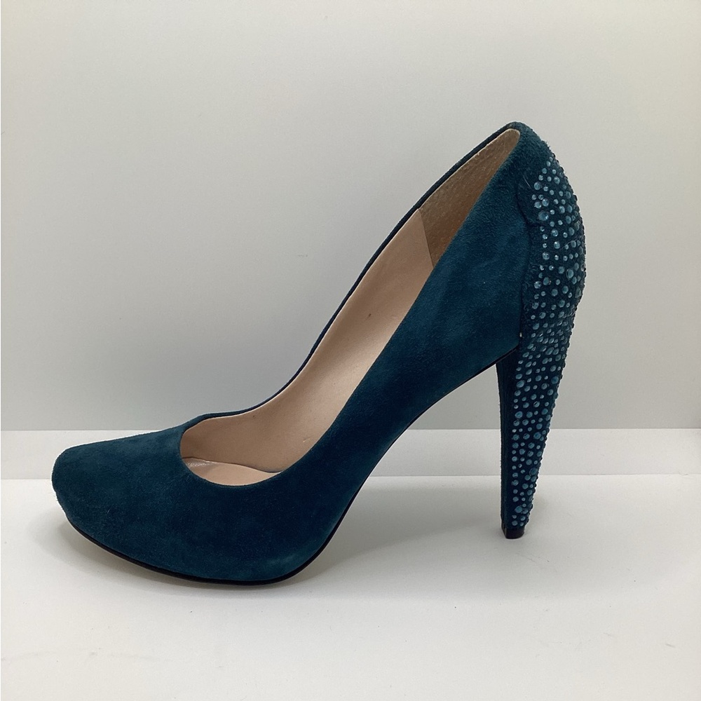 Nine West Cold Feet Rhinestone Embellished Teal suede heels. Size 7.5